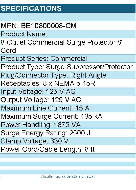 Belkin BE10800008-CM 8-Outlet Surge Protector - 8ft Cord - Right Angle Plug