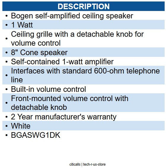 Bogen BG-ASWG1DK 1W Self Amplified Ceiling Speaker White