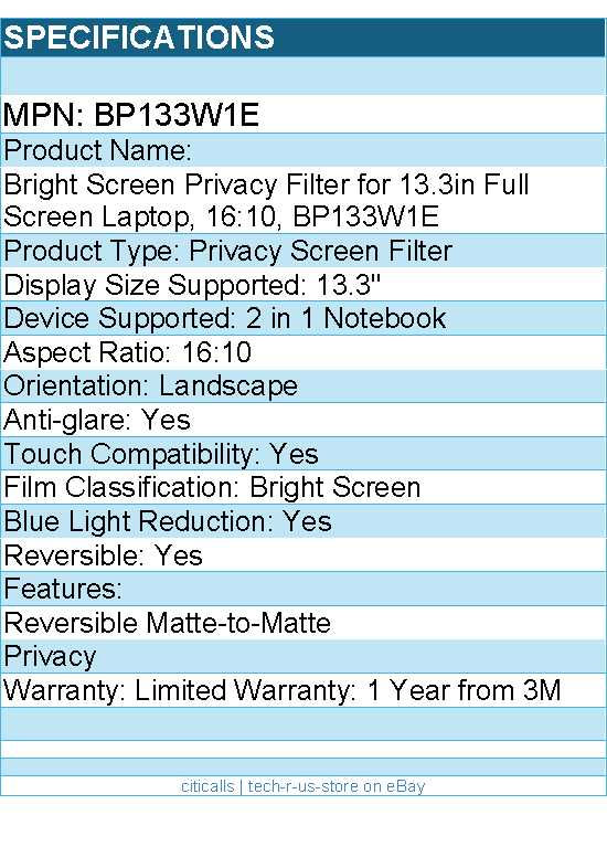 3M BP133W1E Bright Screen Privacy Filter for 13.3in Full Screen Laptop, 16:10