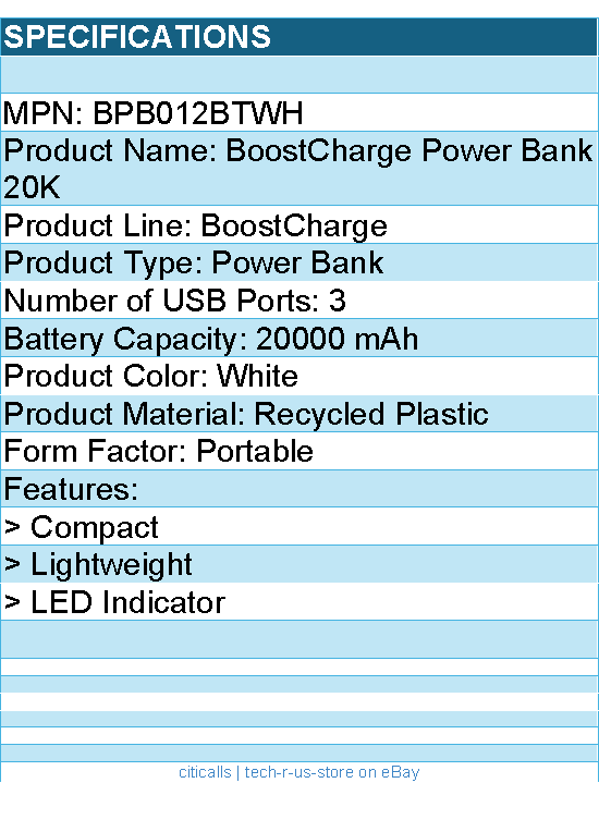 Belkin BPB012btWH 15W 3-port USB Power Bank - 20K mAh - 2xUSB-A (12W)