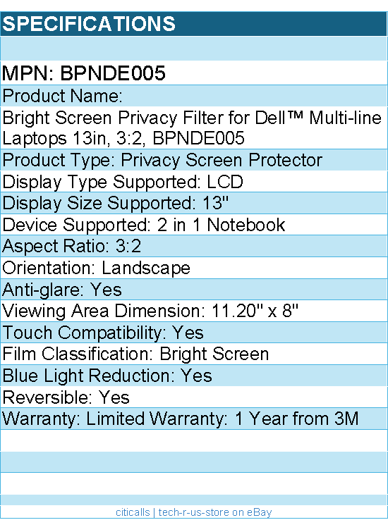3M BPNDE005 Bright Screen Privacy Filter for Dell Multi-line Laptops 13in