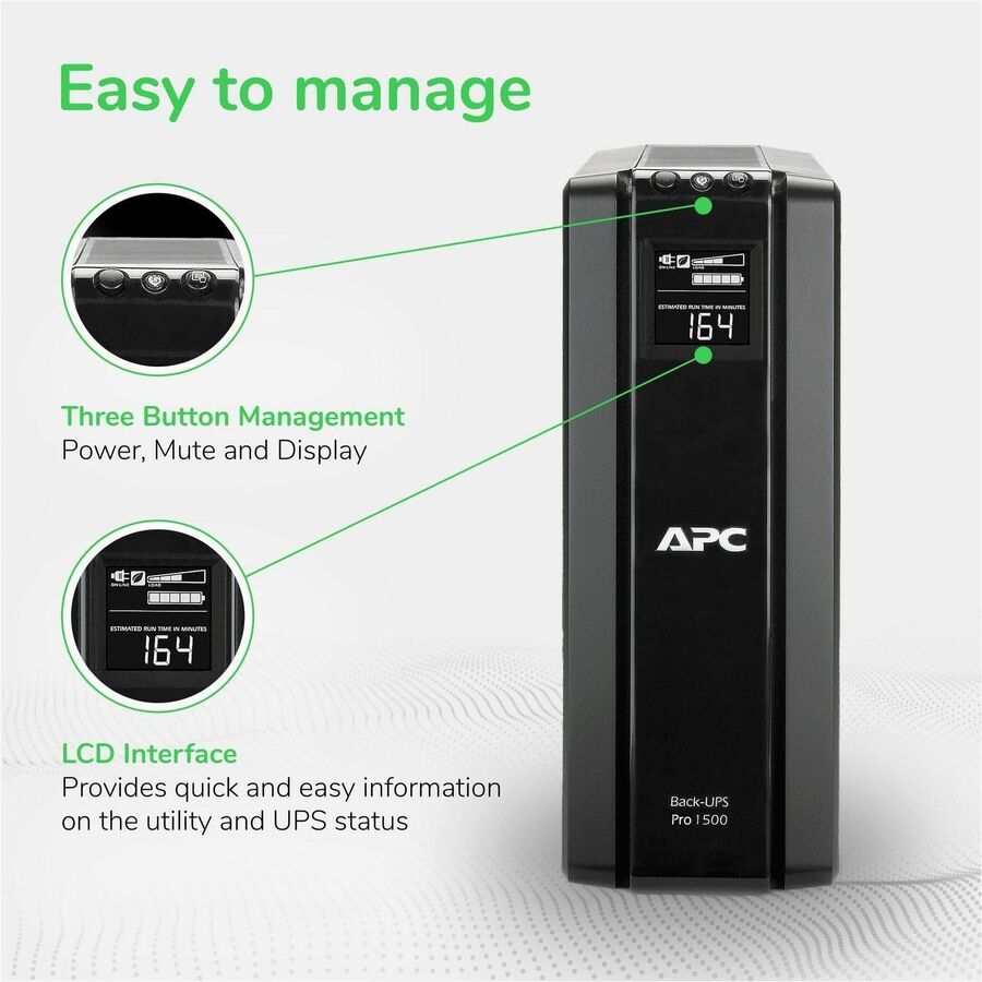 APC BR1500G Back-UPS Pro, 1500VA/865W, Tower, 120V, 10x NEMA 5-15R outlets