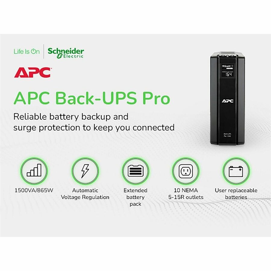 APC BR1500G Back-UPS Pro, 1500VA/865W, Tower, 120V, 10x NEMA 5-15R outlets