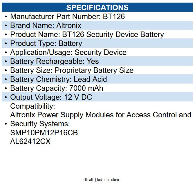 Altronix BT126 Security Device Battery for Security Device Battery Rechargeable