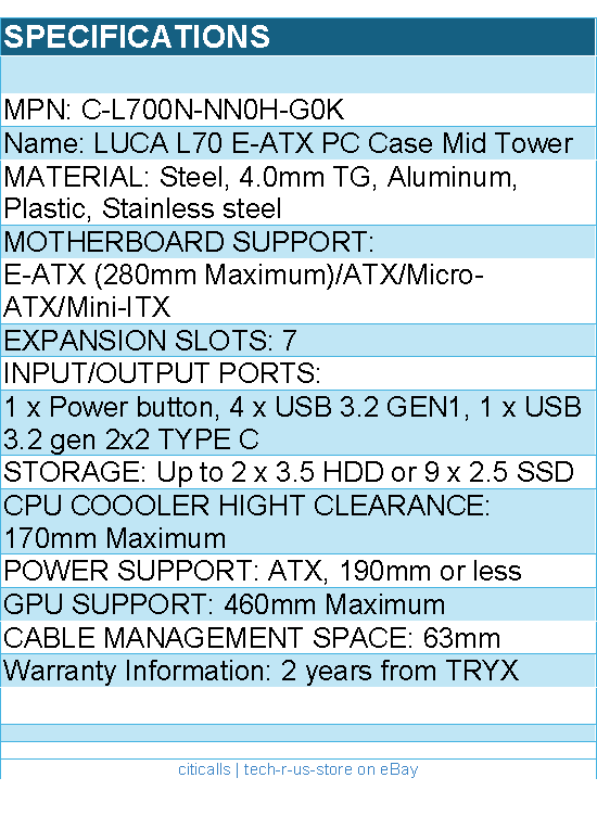 TRYX C-L700N-NN0H-G0K Computer Case - LUCA L70 Midtower Black E-ATX USB3.2