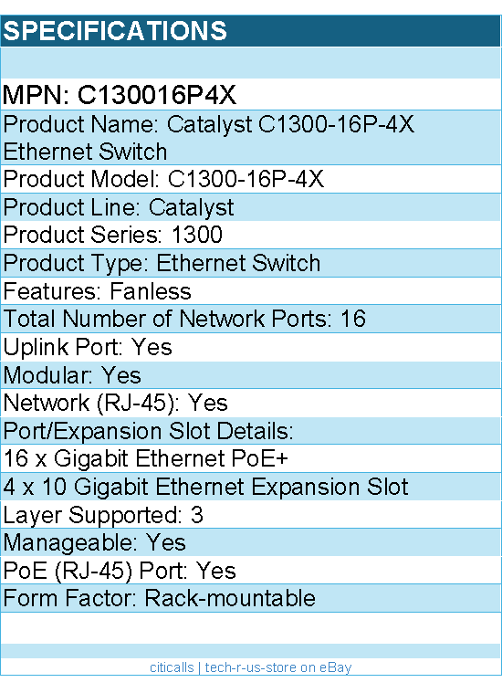 Cisco C130016P4X Catalyst C1300-16P-4X Ethernet Switch - 16 Ports - Manageable