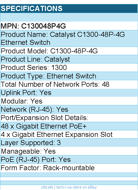 Cisco C130048P4G Catalyst C1300-48P-4G Ethernet Switch - 48 Ports - Manageable