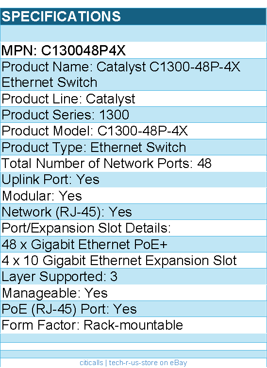 Cisco C130048P4X Catalyst C1300-48P-4X Ethernet Switch - 48 Ports - Manageable