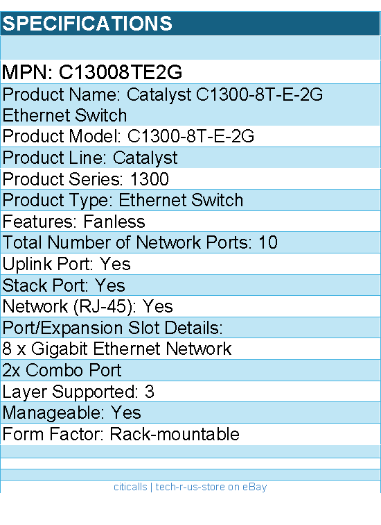 Cisco C13008TE2G Catalyst C1300-8T-E-2G Ethernet Switch - 10 Ports - Manageable