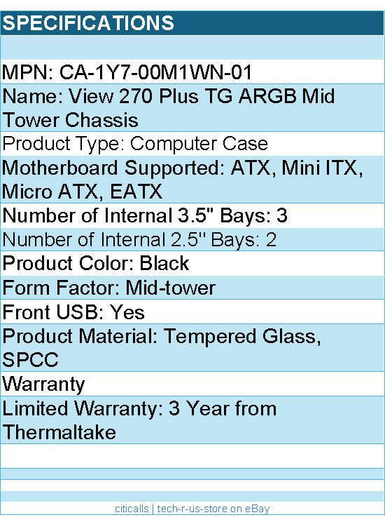 Thermaltake CA-1Y7-00M1WN-01 Computer Case - View 270 3xARGB Black Mid Tower ATX