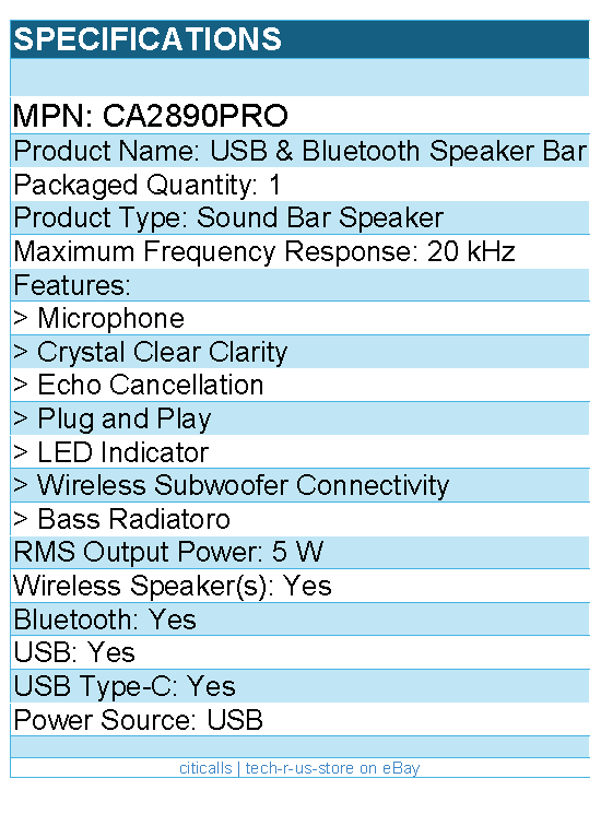 Cyber Acoustics CA2890PRO Bluetooth Sound Bar Speaker - 5 W RMS