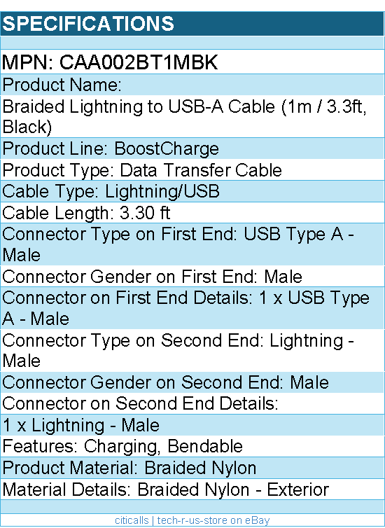 Belkin CAA002BT1MBK BoostCharge Braided USB-A Cable (1 meter / 3.3 foot, Black)