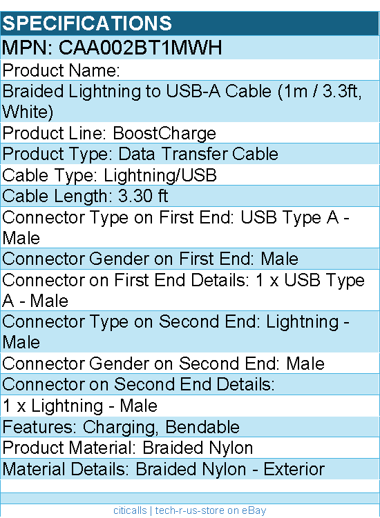 Belkin CAA002bt1MWH Braided USB-A Cable (1m / 3.3ft, White)