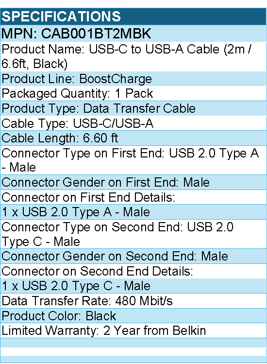 Belkin CAB001bt2MBKBoostCharge USB-C to USB-A Cable ( 2 meter / 6.6 foot )