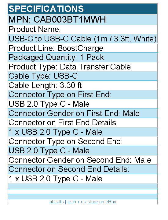 Belkin CAB003bt1MWH BoostCharge USB-C to USB-C Cable(1 meter / 3.3 foot, White)