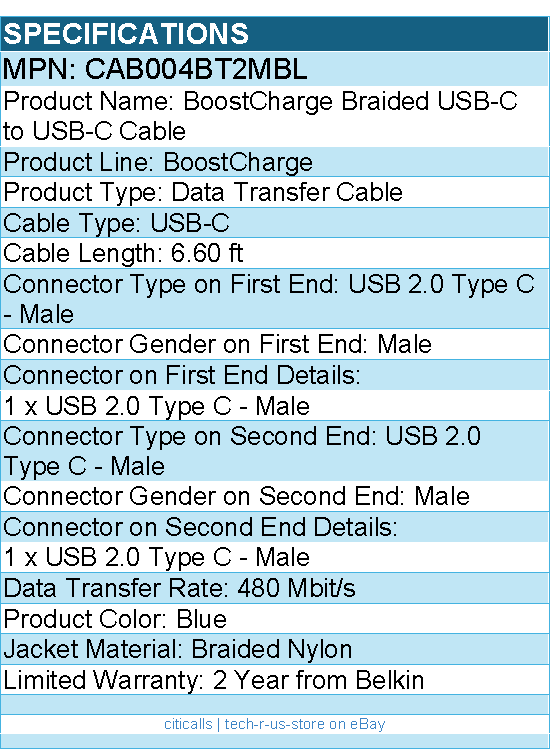 Belkin CAB004bt2MBL BoostCharge Braided USB-C to USB-C Cable
