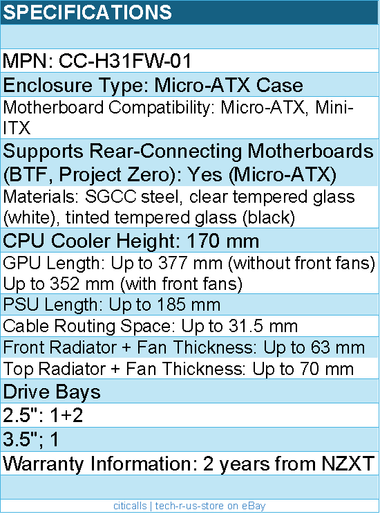 NZXT CC-H31FW-01 Computer Case - H3 FLOW Mid Tower Clear Tinted TG White Retail