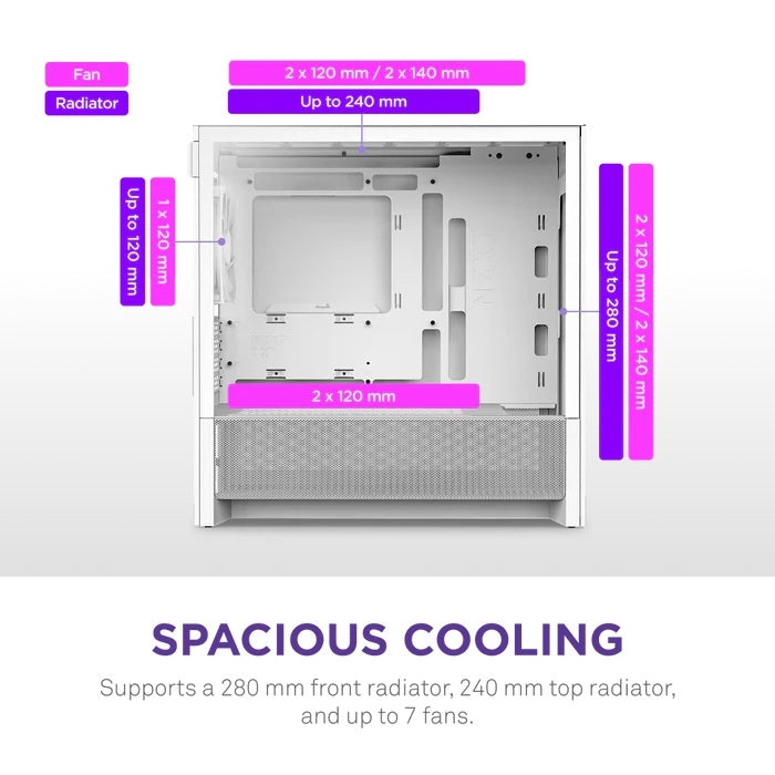 NZXT CC-H31FW-01 Computer Case - H3 FLOW Mid Tower Clear Tinted TG White Retail