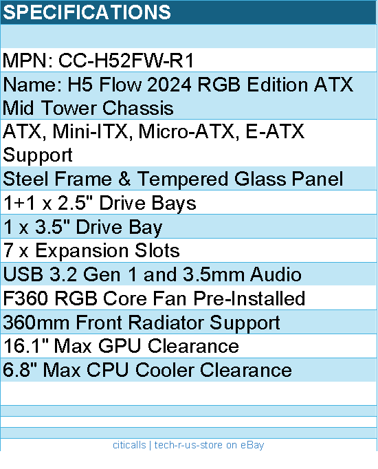 NZXT CC-H52FW-R1 Computer Case - H5 FLOW RGB Mid Tower Ultra-Clear TG White