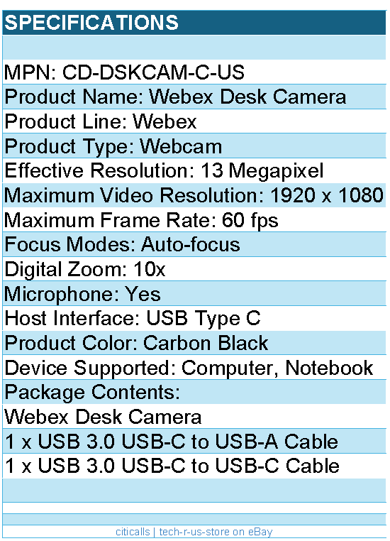 Cisco CD-DSKCAM-C-US Webex Desk Camera - Carbon Black - USB Type C - 4K Video