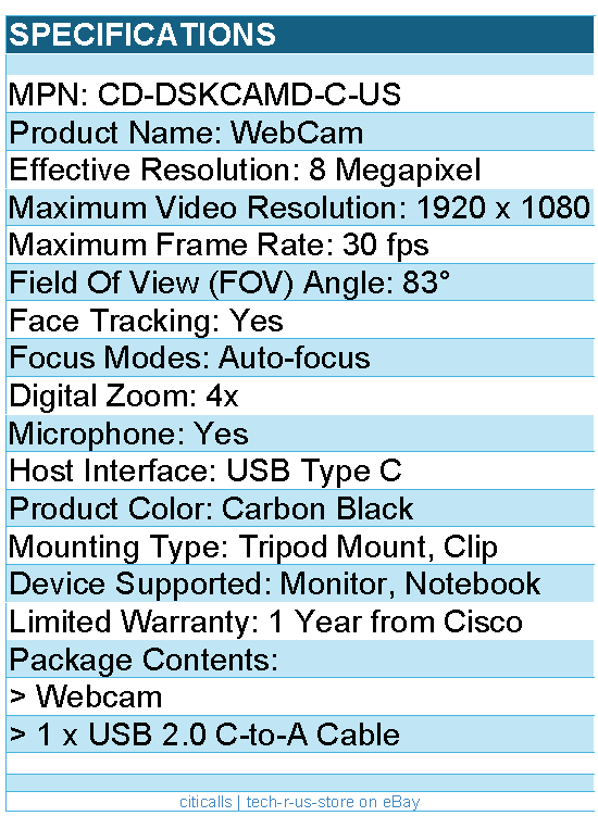 Cisco CD-DSKCAMD-C-US Webcam - 8 Megapixel - 30 fps - Carbon Black - USB Type C