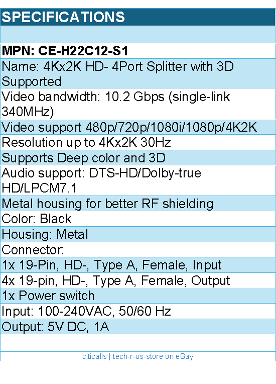 SIIG CE-H22C12-S1 4Kx2K Video 4Port Splitter with 3D Supported RTL