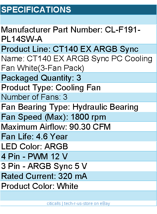 Thermaltake CL-F191-PL14SW-A CT140 EX ARGB Sync PC Cooling Fan White 3xFan