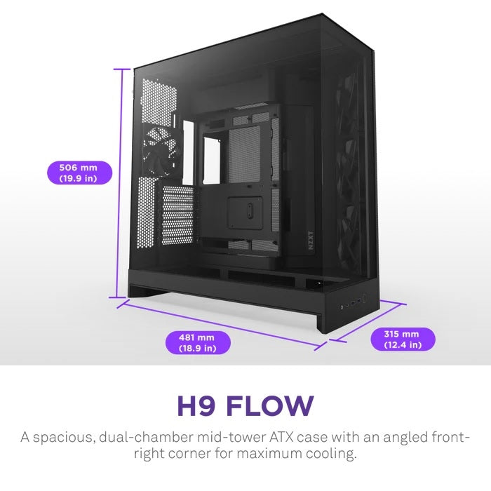 NZXT CM-H92FB-01 Computer Case - H9 FLOW Mid Tower Tinted TG Black Retail
