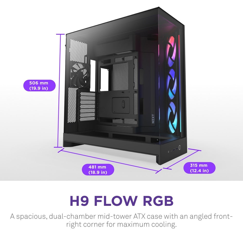 NZXT CM-H92FB-R1 Computer Case - H9 FLOW RGB Mid Tower Tinted TG Black Retail