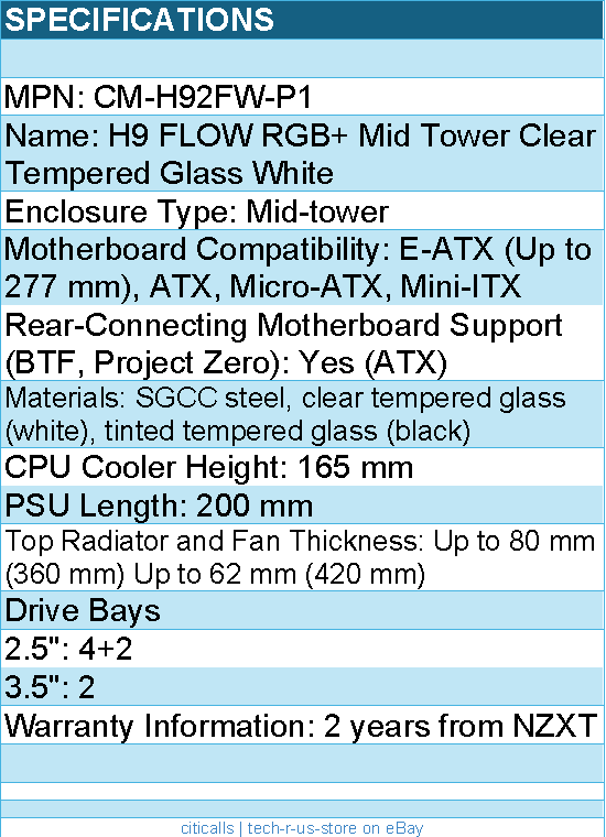 NZXT CM-H92FW-P1 Computer Case - H9 FLOW RGB+ Mid Tower Clear TG White Retail