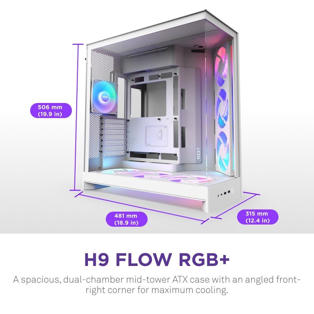 NZXT CM-H92FW-R1 Computer Case - H9 FLOW RGB Mid Tower Clear TG White Retail