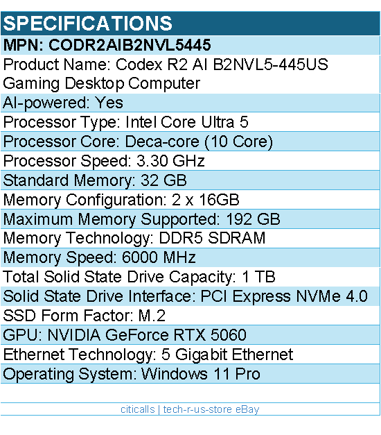 MSI CODR2AIB2NVL5445 Codex R2 AI B2NVL5-445US Gaming Desktop Computer