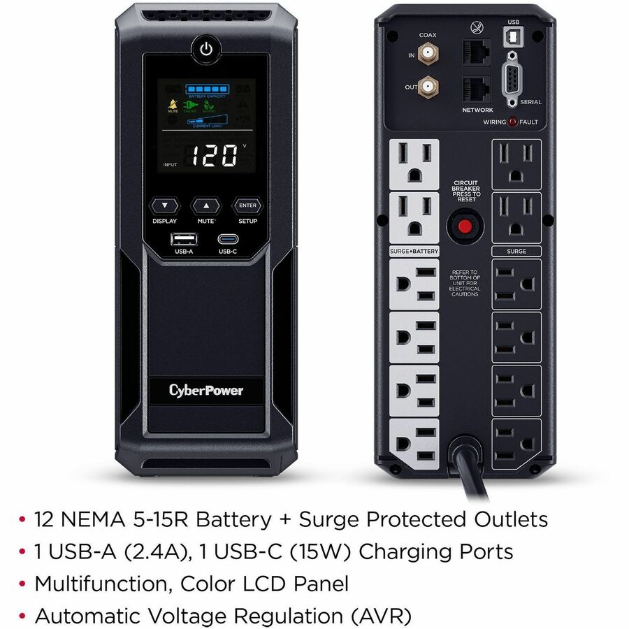 CyberPower CP1500AVRLCD3 Intelligent LCD UPS Systems - 1500VA/900W, 120 VAC