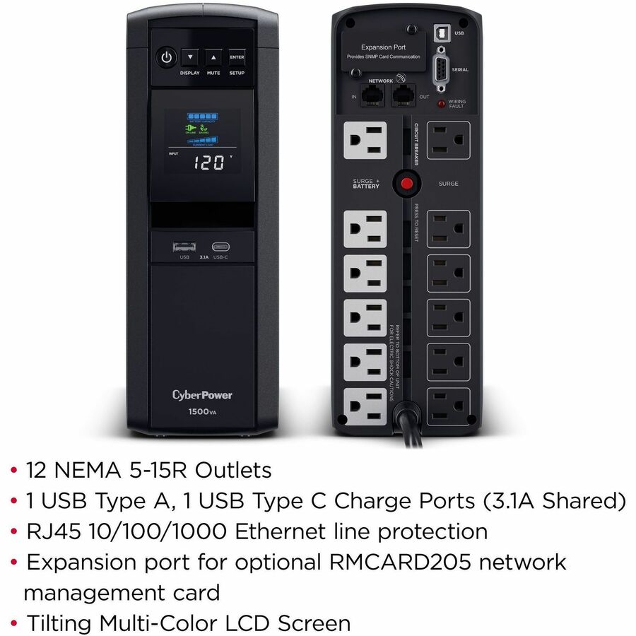 CyberPower CP1500PFCLCD PFC Sinewave UPS Systems - 1500VA/1000W, 120 VAC