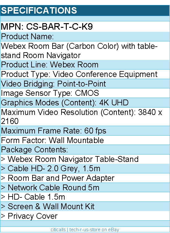 Cisco CS-BAR-T-C-K9 Webex Room Bar (Carbon Color) w/ table-stand Room Navigator