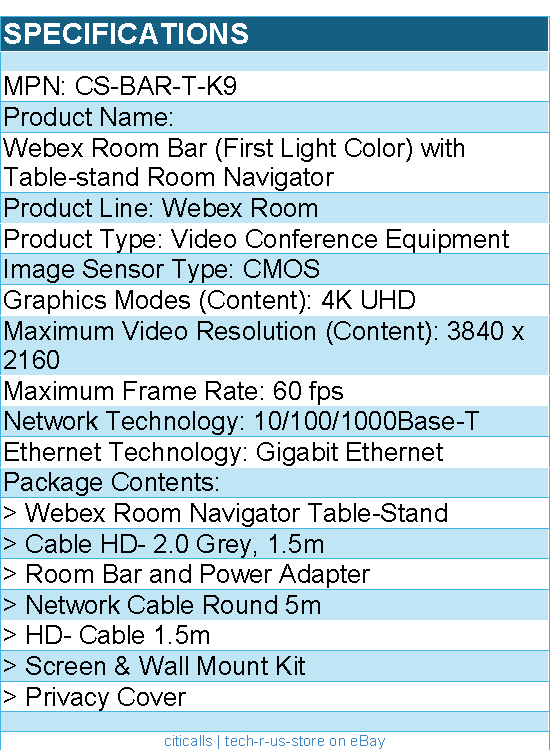 Cisco CS-BAR-T-K9 Webex Room Bar (FirstLight Color) w Table-stand Room Navigator