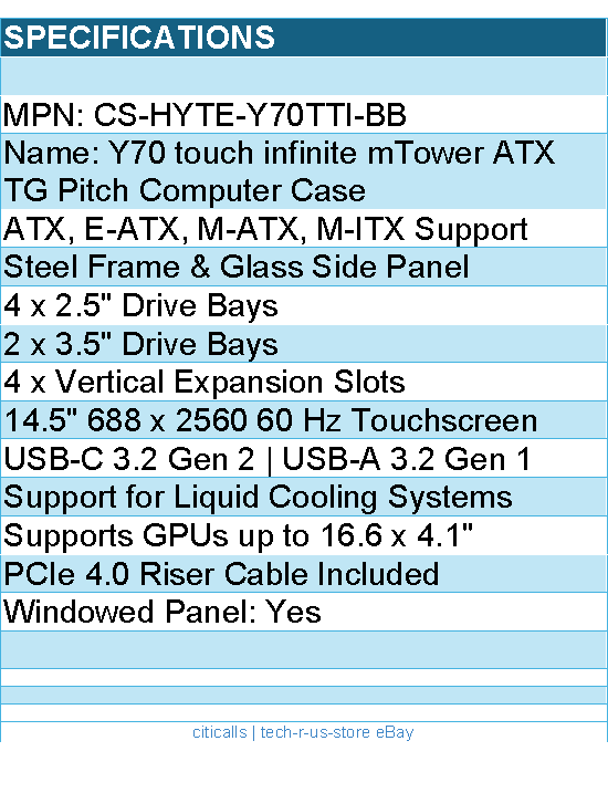 HYTE CS-HYTE-Y70TTI-BB Computer Case - Y70 touch infinite mTower ATX TG Pitch