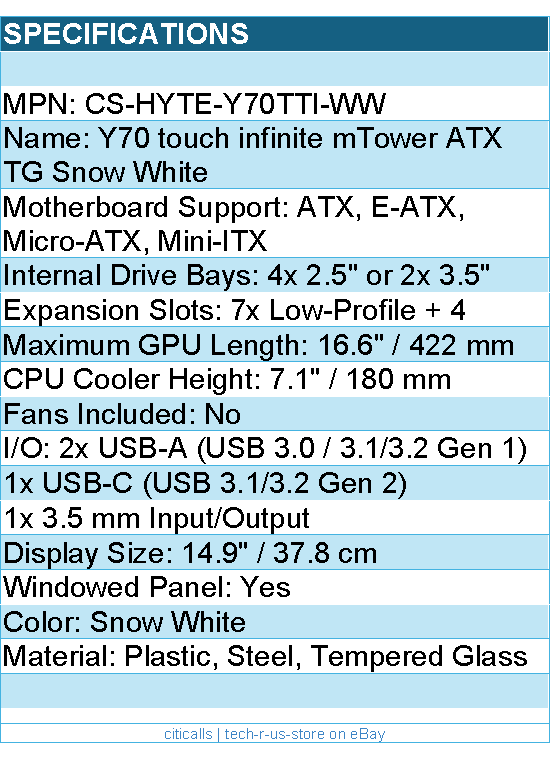 HYTE CS-HYTE-Y70TTI-WW Computer Case Y70 touch infinite mTower ATX TG Snow White