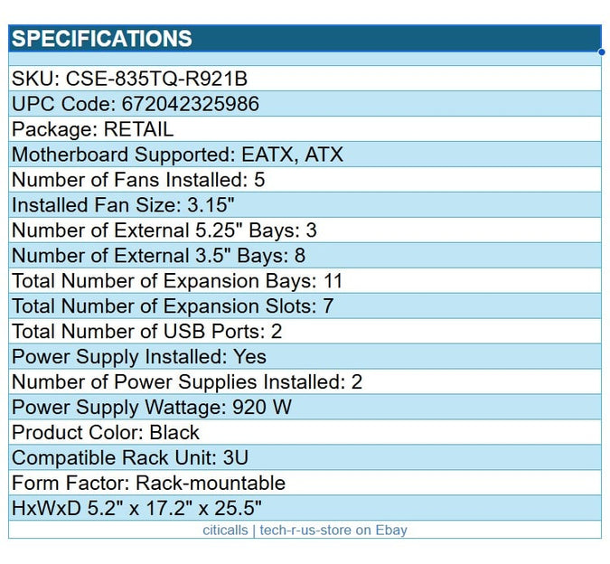 Supermicro CSE-835TQ-R921B SuperChassis 3U 11-Bay 2x 920W Power Supply eATX ATX