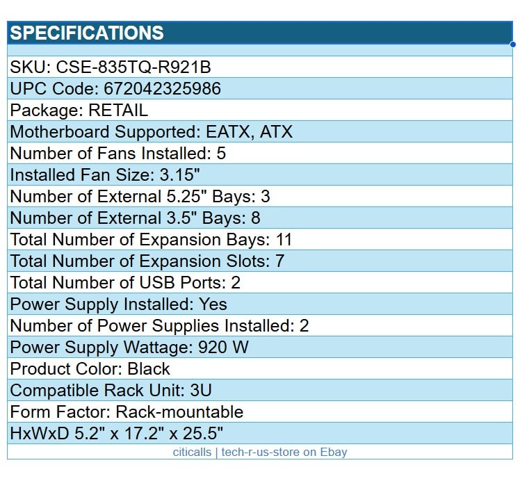 Supermicro CSE-835TQ-R921B SuperChassis 3U 11-Bay 2x 920W Power Supply eATX ATX