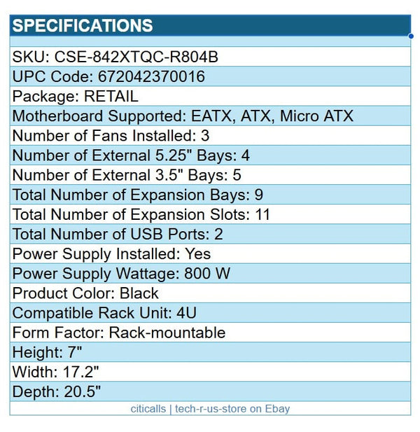Supermicro CSE-842XTQC-R804B SuperChassis 4U 9-Bay w 800W Power Supply eATX ATX