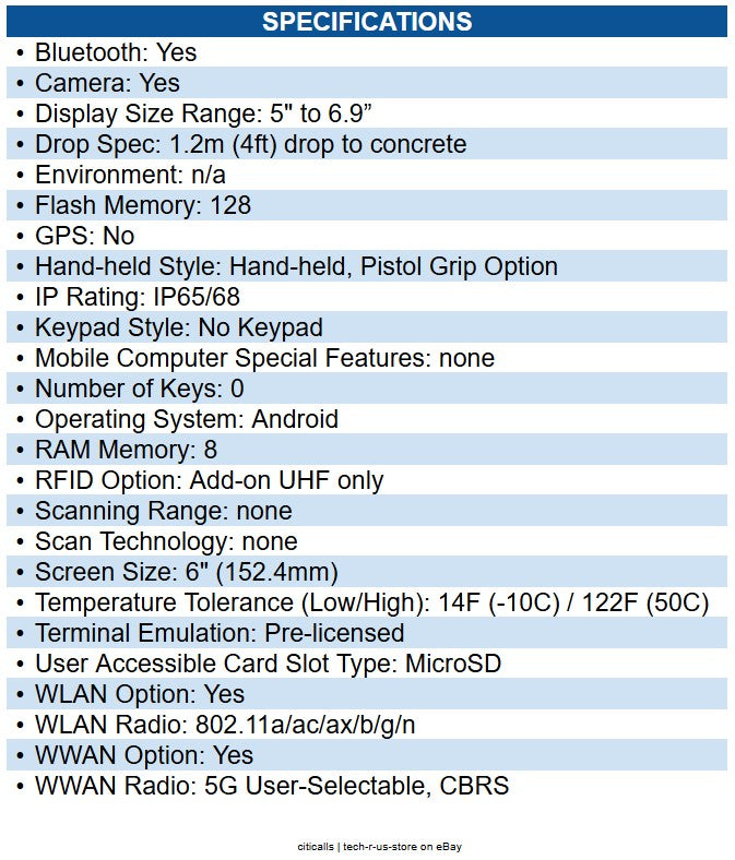 Honeywell CT37-X1N-50S10DG CT37 Mobile Computer No Imager, Wi-Fi, 5G, 8GB/128GB