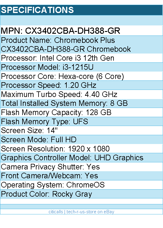 ASUS CX3402CBA-DH388-GR 14" Chromebook - Full HD - Intel Core i3 12th Gen