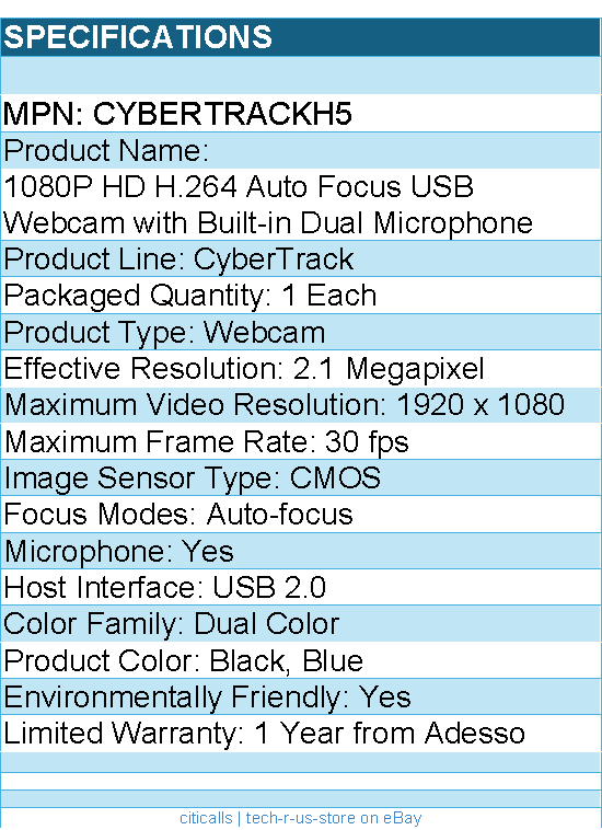 Adesso CyberTrack H5 1080P Webcam - 2.1 Megapixel - 30 fps - USB 2.0 -Auto Focus