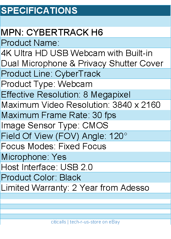 Adesso CyberTrack H6 4K Ultra HD Webcam - 8 Megapixel - 30 fps - USB 2.0