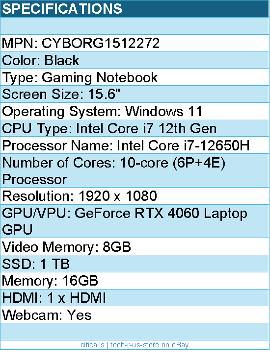 MSI CYBORG1512272 Cyborg 15 A12V Cyborg 15 A12VF-272US 15.6" Gaming Notebook
