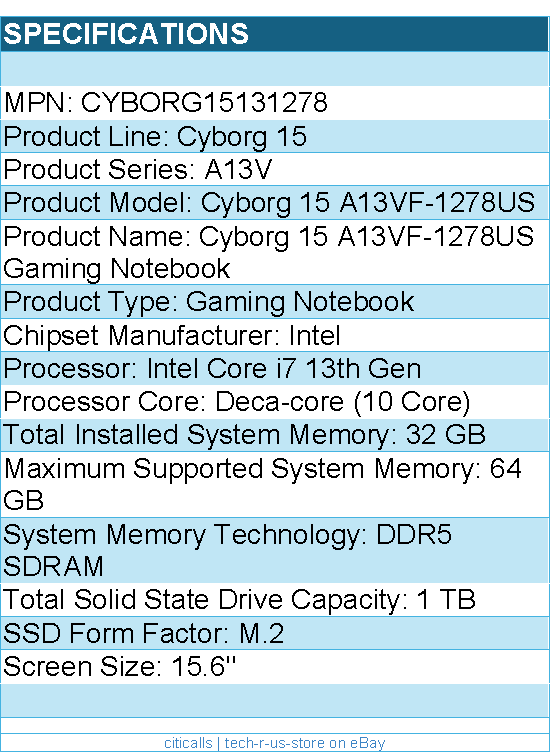 MSI CYBORG15131278 Cyborg 15 A13VF-1278US 15.6" Gaming Notebook - Full HD