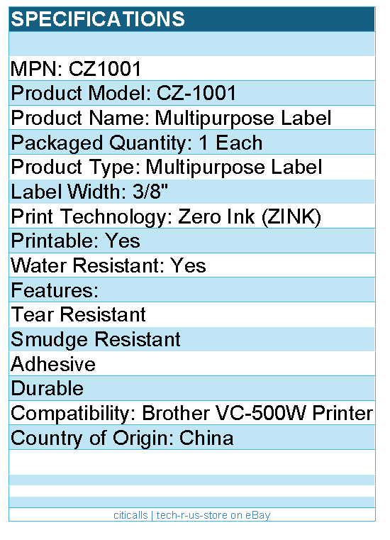 Brother CZ1001 Genuine 3/8" (0.37") 9mm wide x 16.4 ft. (5 m) long label roll