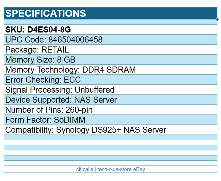 Synology D4ES03-8G 8 GB DDR4 SDRAM ECC Unbuffered 260-pin SoDIMM for DS925 NAS