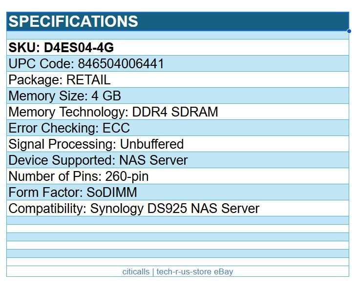 Synology D4ES04-4G 4 GB DDR4 SDRAM ECC Unbuffered 260-pin SoDIMM for DS925 NAS